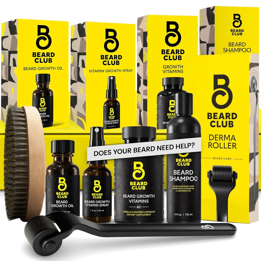 Kit de croissance avancée du Bard Club - Derma Roller, Huile de croissance, Vitamines et Vaporisateur Vitamine, Shampooing et Brosse Brillance - Cadeau - Cedar