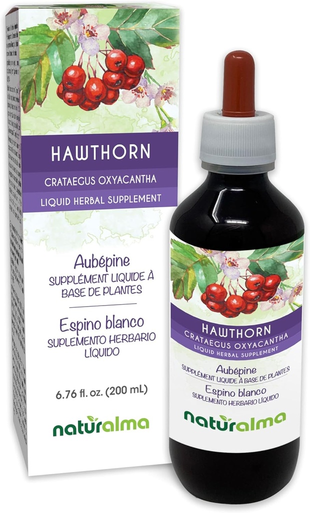 Naturalma Hawthorn (Crataegus oxyacantha) Blad en bloem Alcoholvrije Tinctuur - 6,76 fl oz Liquid Extract in druppels - Kruidensupplement - Veganistisch