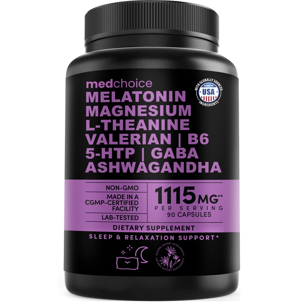 12-in-1 Melatonine slaapcapsules - Natuurlijke slaapmiddelen voor volwassenen met Melatonine 5mg en Magnesium Glycinate 500mg, slaaphulp met Ashwagandha, L Theanine, Valeriaan wortel, GABA, 5-HTP (90ct, Pack of 1)
