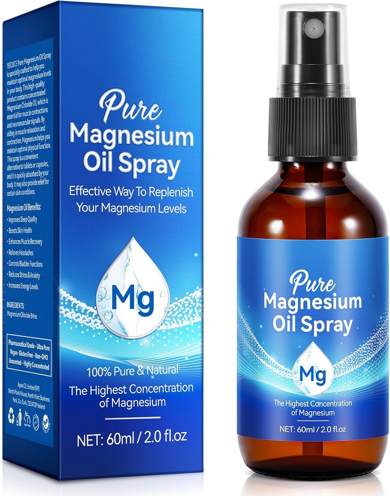 Pure Magnesium Spray voor Voeten, Magnesium Oil, Biologische Natuurlijke Glasfles, Makkelijk te absorberen en Gebruik 60Ml.