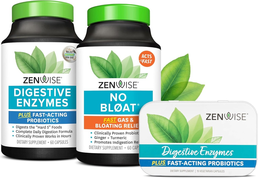 Zenwise Health Bliss Bundle Digestieve Enzymen + No Bloat + Free Travel Tin - pre en Post Meal Digestieve Routine met enzymen en probiotica voor spijsvertering