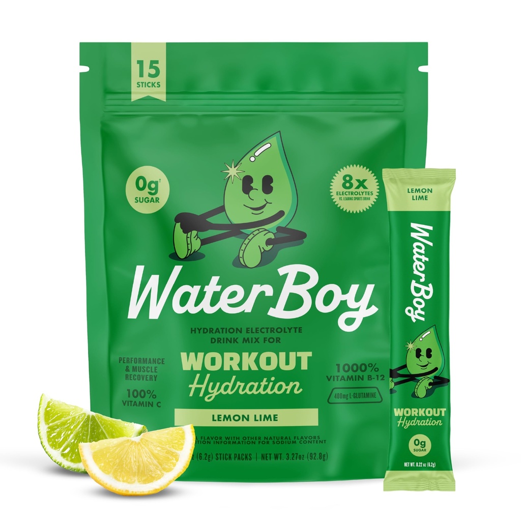 Waterboy Workout Hydration | 2,960mg Sugar Free Electrolyte Powder Packets | L-Glutamine + Vitamins | No Sugar, All Natural, Gluten Free | 15 Drink Stick Mixes (Lemon Lime)