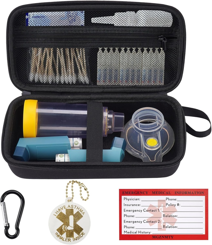 MGZNMTY Case de transport compatible avec l'espaceur d'inhalateur d'asthme pour adultes et enfants, masques, porte-inhalateur avec étiquette d'alerte d'asthme et carte médicale, carabinier (uniquement cas) (noir)
