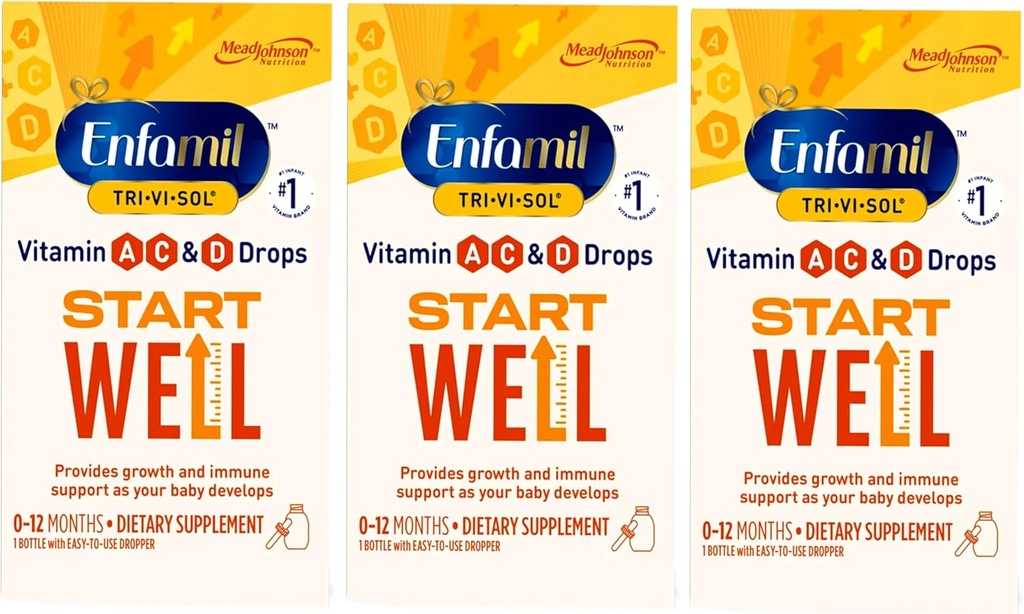 Enfamil Tri-Vi-Sol Vitamin A, C & D Drops for Infants 0-12 Months, Growth and Immune Support Dietary Supplement, 1 Bottle with Dropper (Pack of 3)