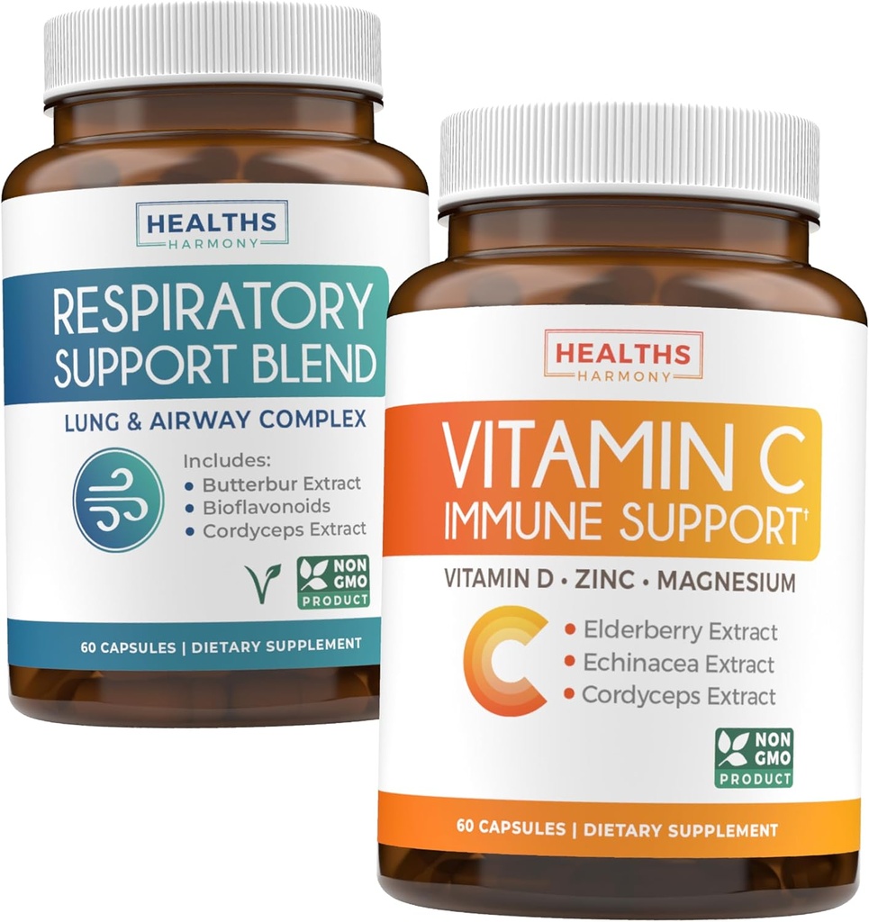 Ademhaling & vitamine C (1-maandvoorraad) Ademhaling Easy Bundle - Adembenemende ondersteuning Deep Lung Cleanse for Airway Health (60 Caps) & Vitamine C Immune Support Supplement - Immunity Boost Blend (60 Caps)