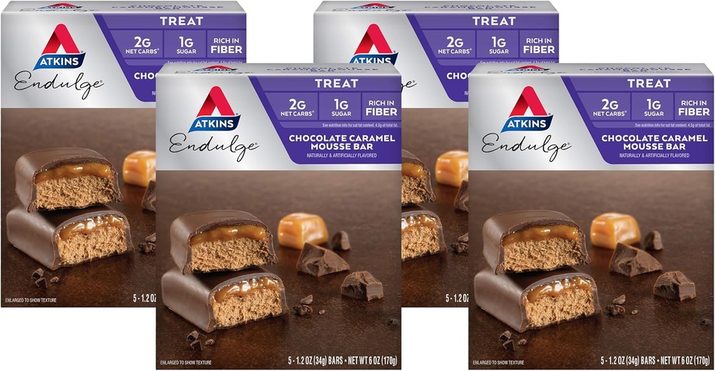 Atkins Endulge Chocolate Caramel Mousse Bar, Dessert Favoriet, 1g Suiker, Hoog in vezels, 5 Tellen (Pack of 4)