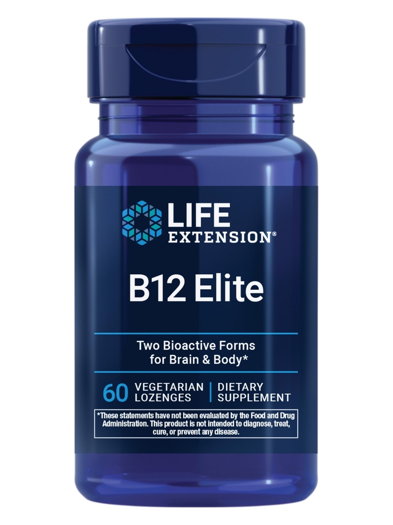 Levensverlenging B12 Elite, adenosylcobalamine, methylcobalamine, twee actieve vormen voor Brain Health & Dopamine Production, Non-GMO, Glutenvrij, Vegetarisch, 60 lozen