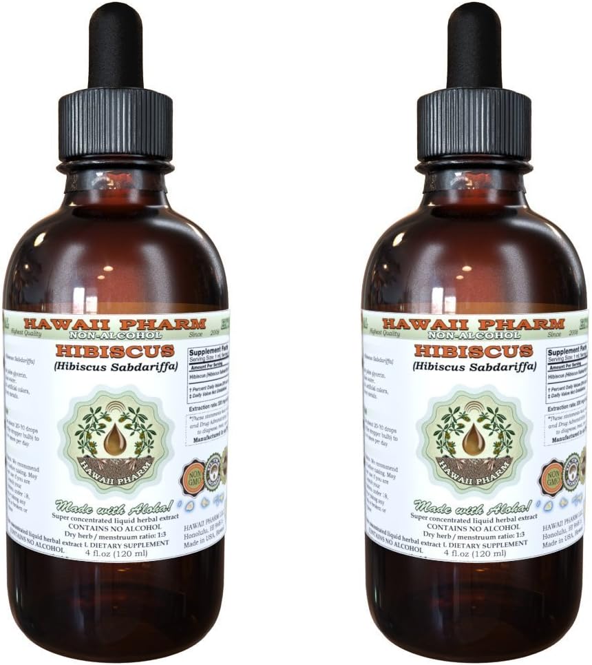 Hibiscus Extrait liquide sans alcool, Hibiscus biologique (Hibiscus Sabdariffa) Fleur séchée Glycérite Hawaii Pharm supplément naturel à base de plantes 2x4 oz