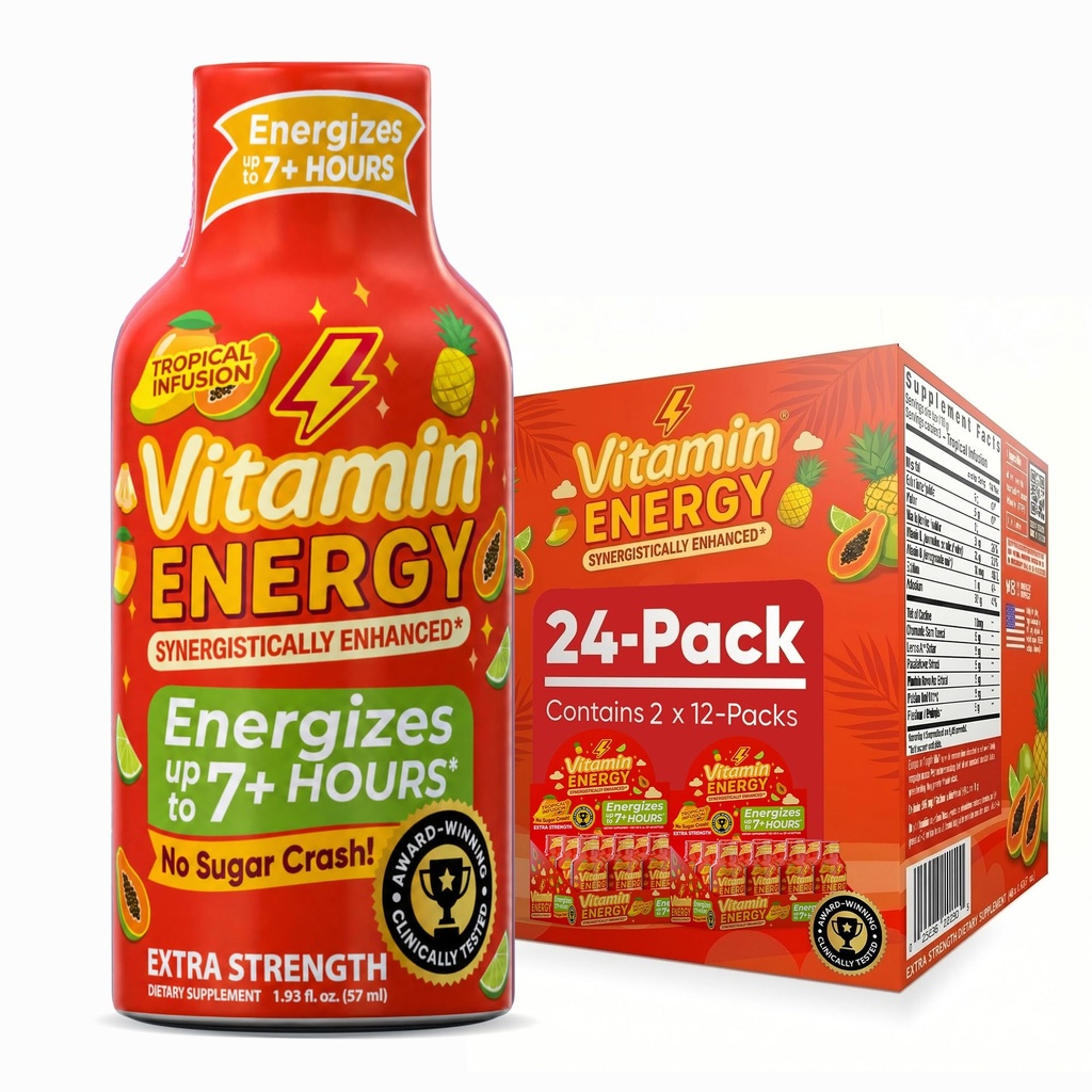Vitamine Energy Focus+ Extra Strength Energy Shot Tropical Infusion 24 Pack, 260mg Caféine naturelle, B-Vitamines, CoQ10, Acides aminés, Focus, Productivité et Clarté, Zéro Sucre, Sans gluten, 1.93 fl oz