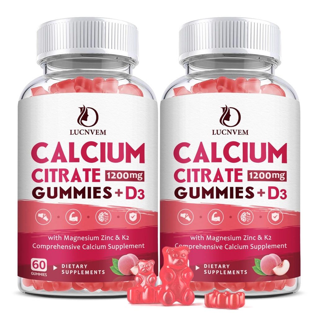 (2 Pack) Calcium citraat 1200mg met vitamine D3 Supplementen Gummies voor vrouwen & mannen, Calcium Gummies met vitamine D3 K2, Hoge absorptie voor botspieren Gezond- Perzik smaak- 60 dagen levering
