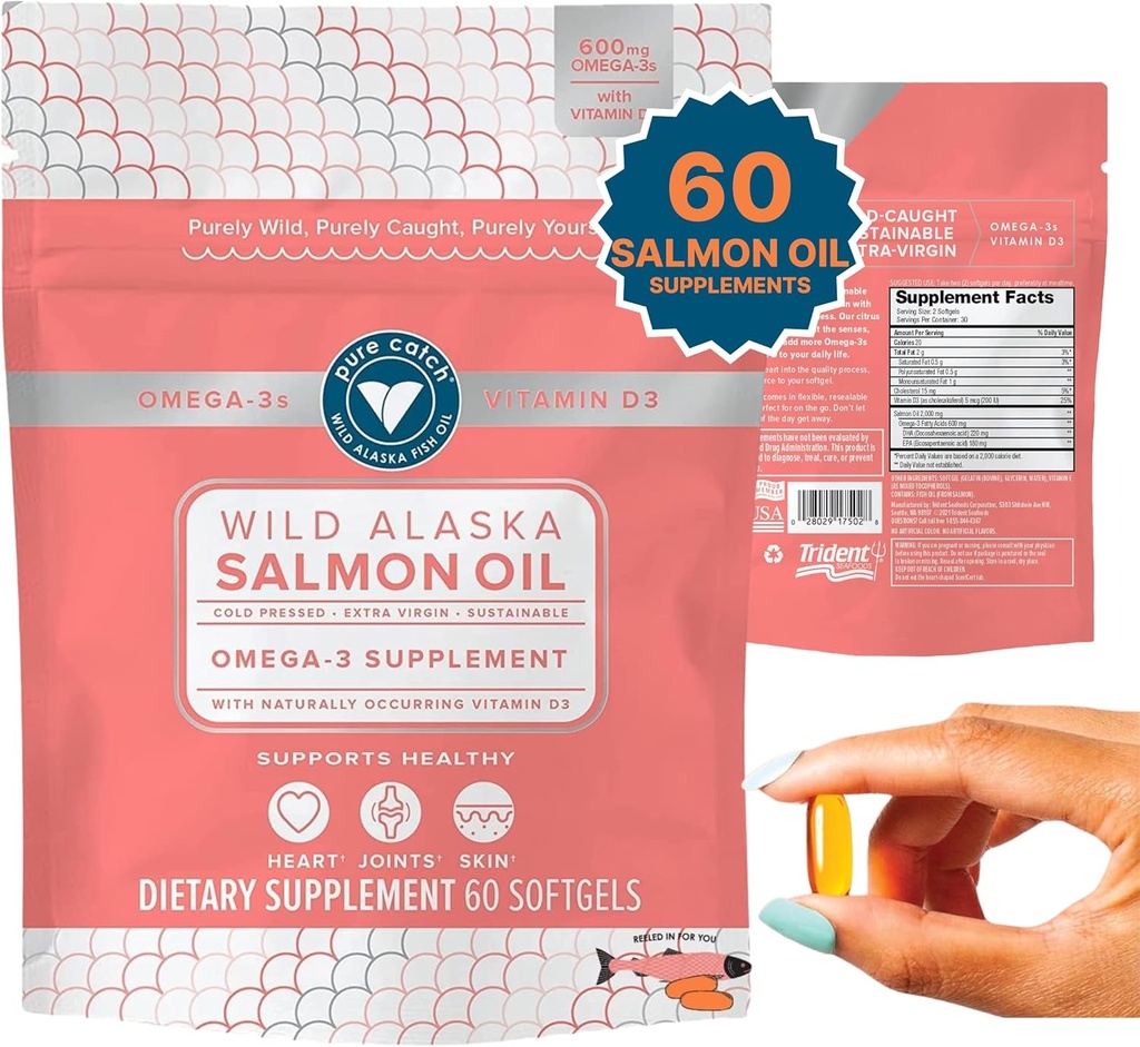 Trident Seafoods Pure Catch Wild Alaska Fish Oil for Women + Vitamine D3 - Omega-3 Zalm Visolie Supplement - EPA en DHA - 60 Tel dagelijks Citrus Soft Gel - Gezamenlijke ondersteuning, huid en gezondheid van het hart