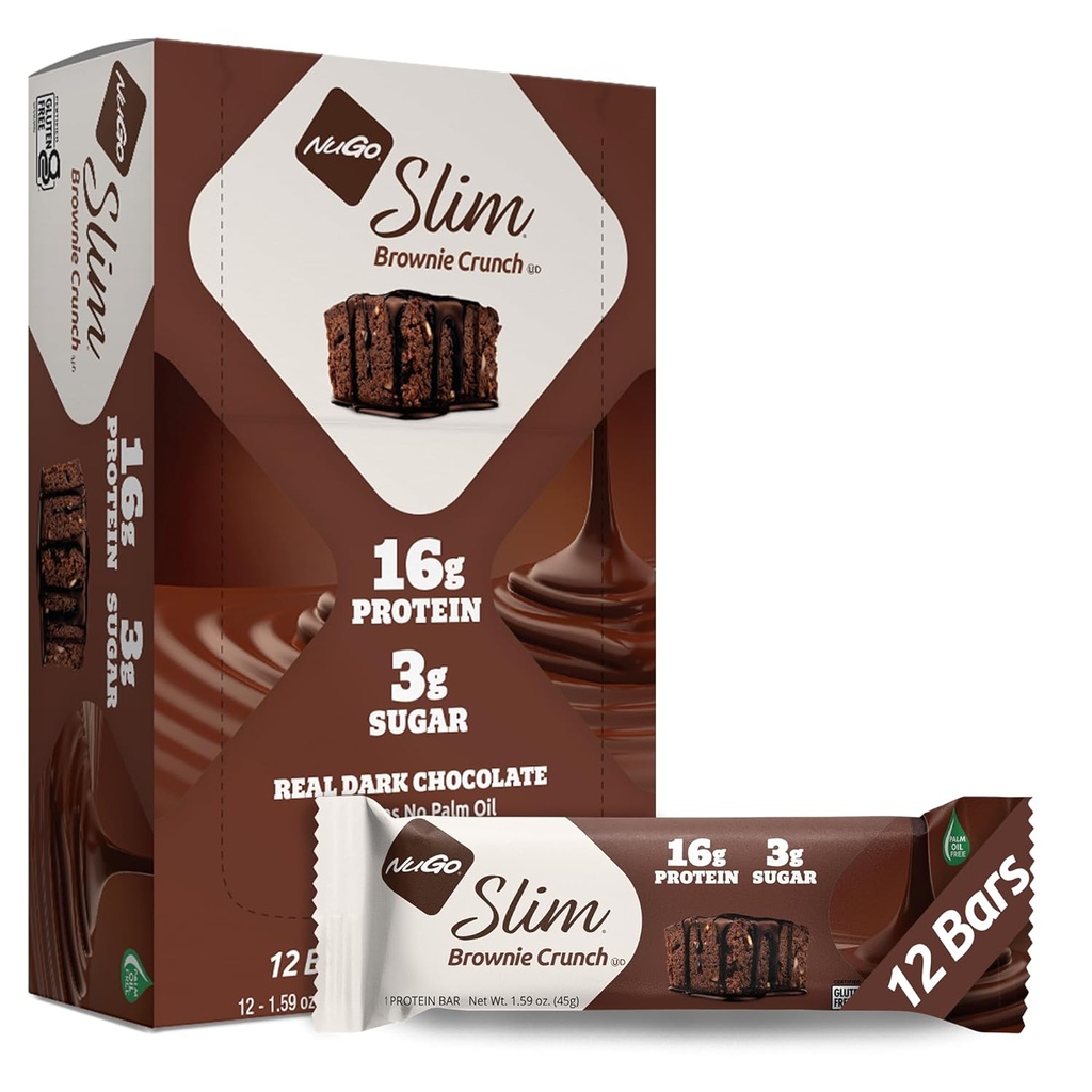 NuGo Slim Dark Chocolate Brownie Crunch, 16g Proteïne Bar, Glutenvrij, Non-GMO, Kosher, Keto vriendelijk, Lage Carb, 12 Tellen