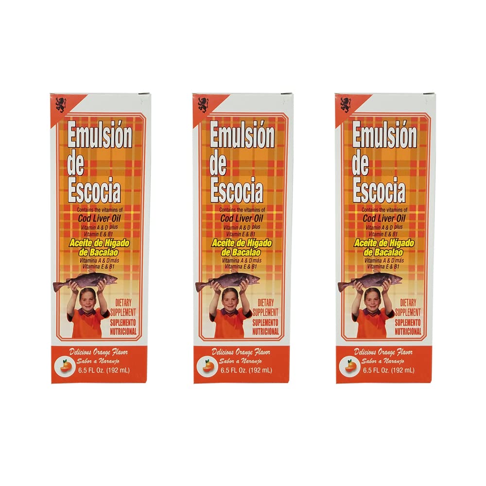 Emulsion de Escocia. Kabeljauw Leverolie Dieetsupplement. Rijk aan vitamine A, D, E en B1. Oranje smaak. 6.5 Fl.Oz / 192 ml. Verpakking van 3