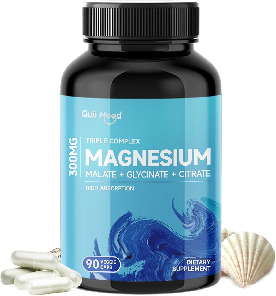 Quitmood Triple Magnésium Complexe de 300mg de Magnésium Glycinate, Malate, & Citrate pour les muscles, les nerfs, & énergie