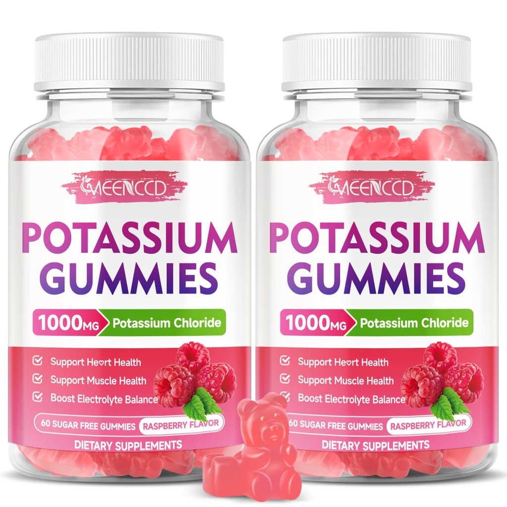 2 Pack Kalium Gummies, Kalium Chloride 1000mg voor volwassenen, Suikervrije Kalium Supplement Gummies Ondersteuning Electrolyte Balance & Leg Cramps voor vrouwen en mannen, Raspberry Flavor, 120 Tellen