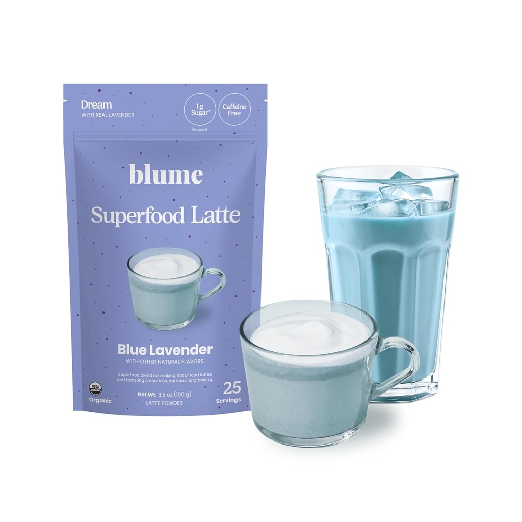 Blume Superfoods Latte - Blue Lavender Powder with Blue Spirulina and Coconut Milk, Caffeine Free, Low-Sugar, Organic, Keto Friendly, Vegan, ondersteunt slaap en rust, Lavender Latte- 25 Servers