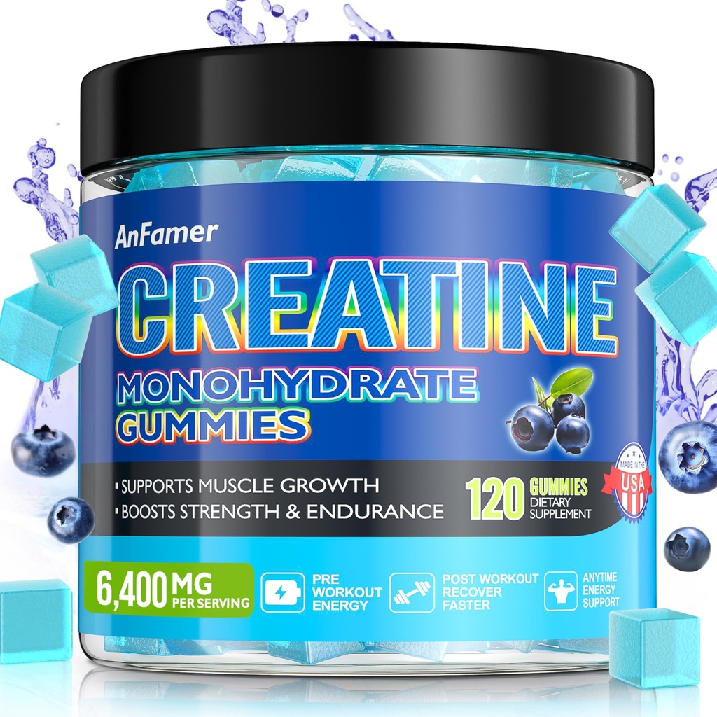 Creatine Monohydraat Gummies voor mannen & vrouwen, Verhoog de kracht en bouw spier, energie & Booty Gain, preworkout supplement, suikervrij, veganist, kauwtabletten Blueberry Flavor-120 Tellen