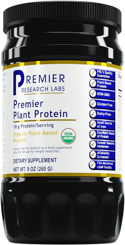 Premier Research Labs Plant Protein - Vegan Plant Based Pea Proteïne Poeder, Organisch, Zuivelvrij, Glutenvrij, Geen kunstmatige smaken, Vegetarisch, Bevat Pompoen en Rijst Proteïne - 9 Oz