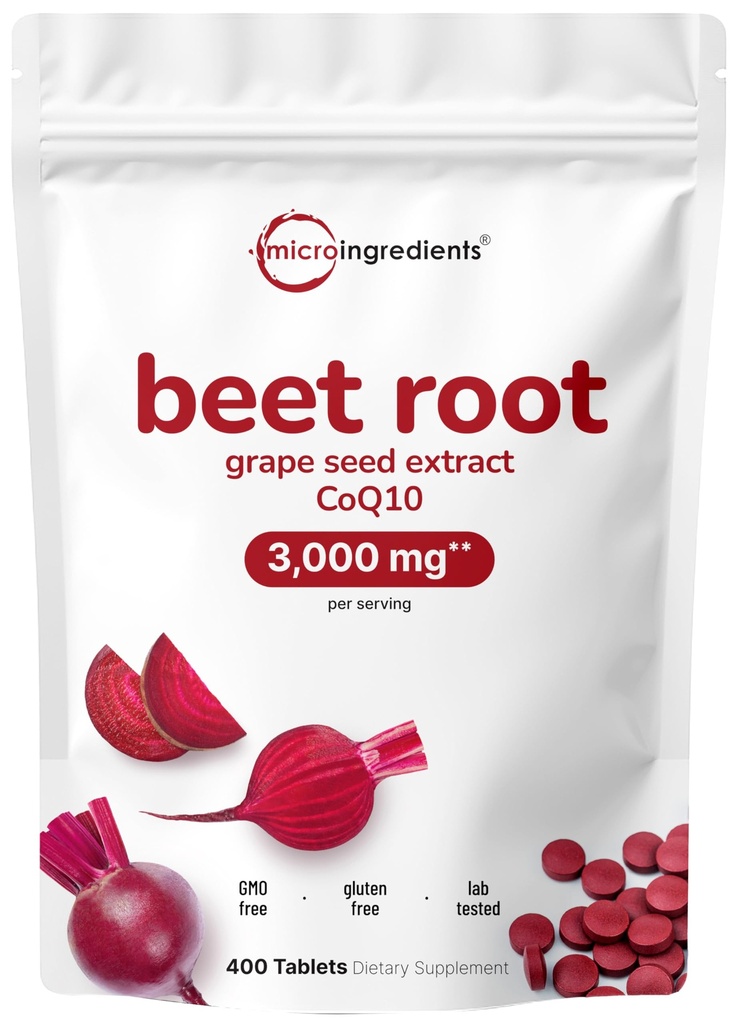 Racine de betterave 3 000mg avec extrait de graines de raisin et CoQ10, 400 comprimés 200 portions de suppléments Super betteraves de l'extrait de betterave frais pour l'oxyde nitrique, la pression artérielle et le soutien de la santé cardiaque