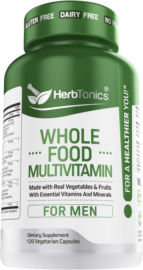 Whole Food Multivitamin for Women & Men with Superfoods from Whole Food Markets | Real Raw Veggies, Fruits, Vitamin E, A, B Complex | Vegan Non-GMO 120 Vegetarian Capsules (Men)