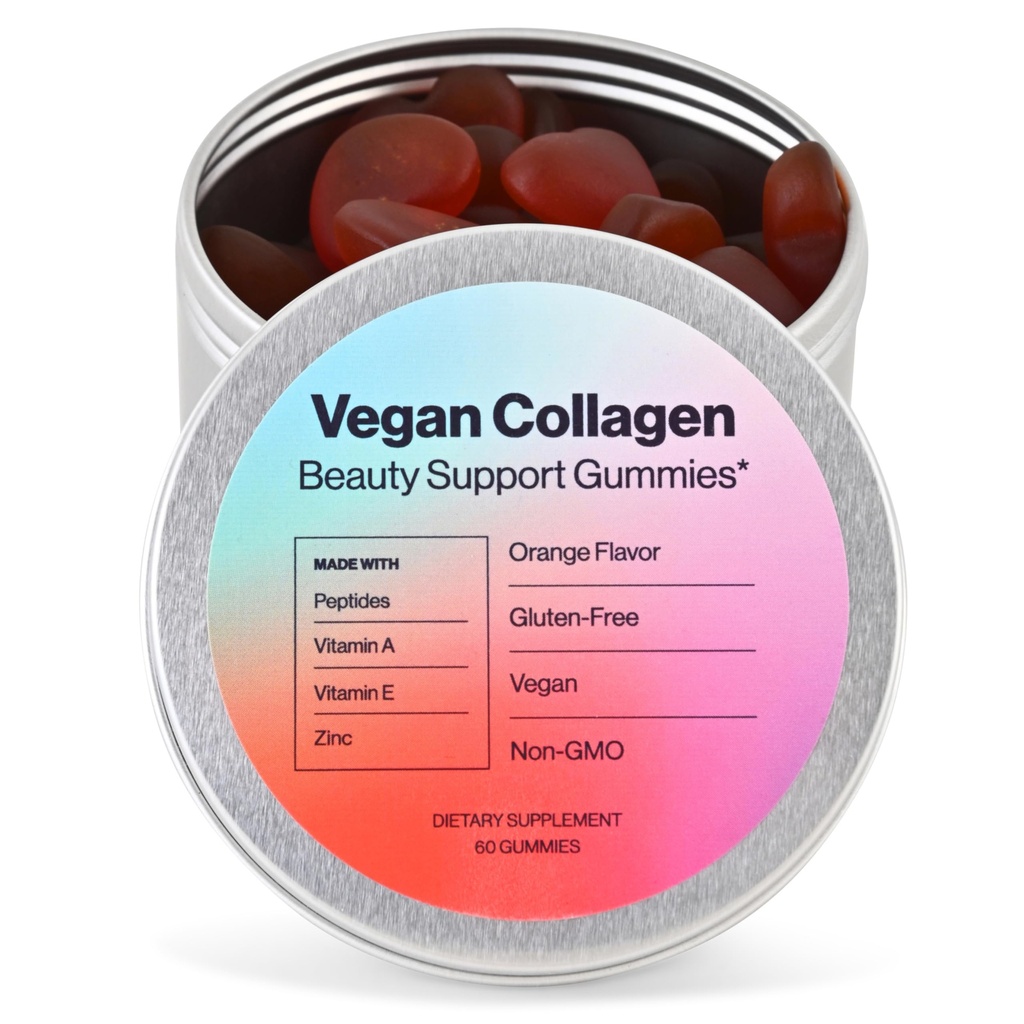 Vegan Beauty Support Gummies Collageen Booster met Biotine, Vitamine C, A, E, Foliumzuur, en meer - 60 Gummies - Plastic-Free Tin - Gemaakt met natuurlijke ingrediënten