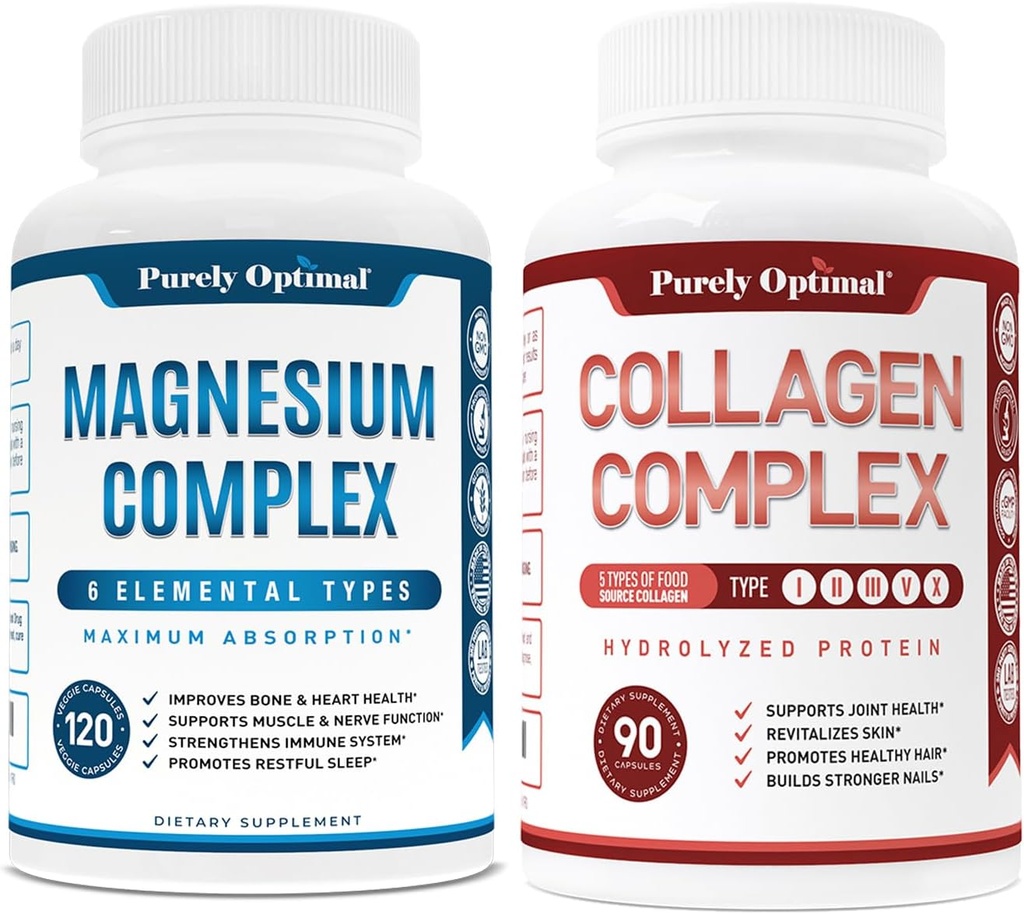 Puur Optimaal Premium Magnesium Complex - Magnesium Citrate, Malate, Muscle Relaxation - 120 caps + Puur Optimaal Premium Multi Collageen Peptides Capsules (Types I, II, III, V, X)