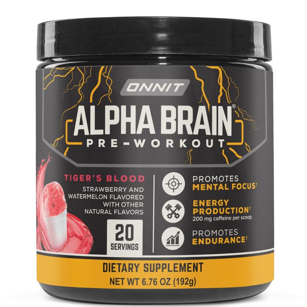 ONNIT Alpha Brain Pre-Workout Powder, IgenTM Non-GMO Tested, Tiger's Blood Flavor, Pre-Workout Supplement voor vrouwen en mannen, Dietary Supplement, 20 Servings per Tub, 6,76 oz
