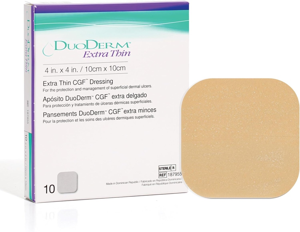 ConvaTec DuoDERM Gel de contrôle extra mince Formule 4"x4" Hydrocolloïde Stérile Dressing adhésif pour les plaies superficielles, faible frottement, sans latex, imperméable, carré, beige, boîte 10ct