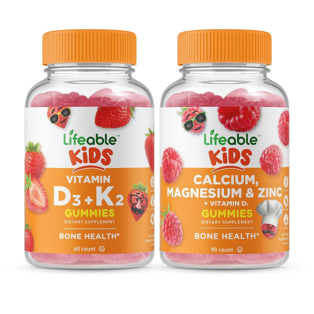 Levensvatbare vitamine D3 + vitamine K2 Kids + Calcium Magnesium & Zink Kids, Gummies Bundle - Grote Proeverij, Vitamine Supplement, Glutenvrij, GGO-vrij, Kauwgom