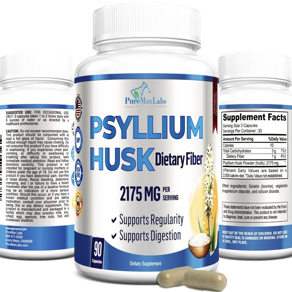 Psyllium Husk Dieet Fiber Supplement 2175mg, Non-GMO, 90 Capsules