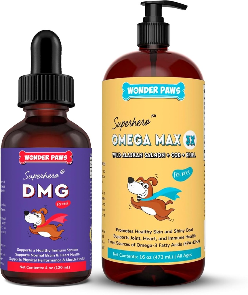 WONDER PAWS Premium DMG Liquid Plus Omega Max Fish Oil - voor honden Immune Support, huid, allergieën, gezamenlijke zorg en algehele gezondheid DMG 4 Ounces - Omega Max 16 Ounces