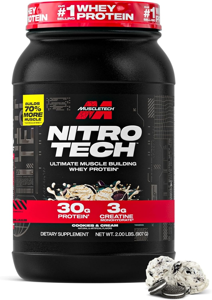 Muscletech Wei Protein Powder (Cookies & Cream, 2.2 Pound) - Nitro-Tech Ultimate Muscle Building Formula with Wei Protein Isolaat - 30g of Protein, 3g of Creatine & 6.8g of BCAA - Packaging May Vary