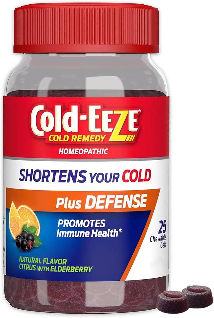 Cold-EEZE Plus Defense Natural Citrus & Vlierberry Zink Kauwbare Gels, Homeopathische Koude Remedie, Kortsluitingen Gemeenschappelijke Koude Symptomen, Bevordert Immuun Gezondheid met Sambucus Nigra, Echinacea & Rose Hips, 25 Ct