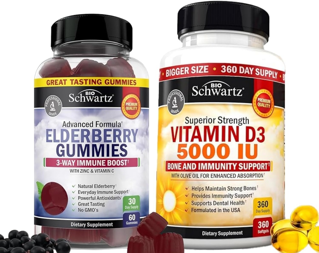 BioSchwartz Vlierbessen Gummies met zink en vitamine C voor volwassenen Immune Support (1 maand Supply) Plus Hoge sterkte Vitamine D3 5000 IE 125 mcg (1 jaar Supply)