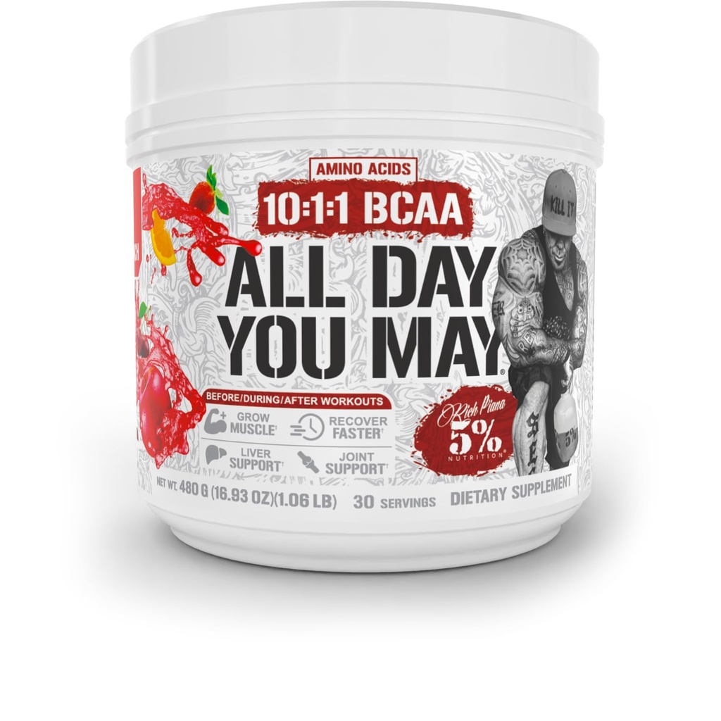 5% Nutrition Rich Piana AllDayYouMay BCAA Powder Premium Intra & Post Workout Amino Acids, Hydration, Endurance, Muscle Recovery, Joint & Liver Support | 16.93 oz, 30 Servings (Fruit Punch)