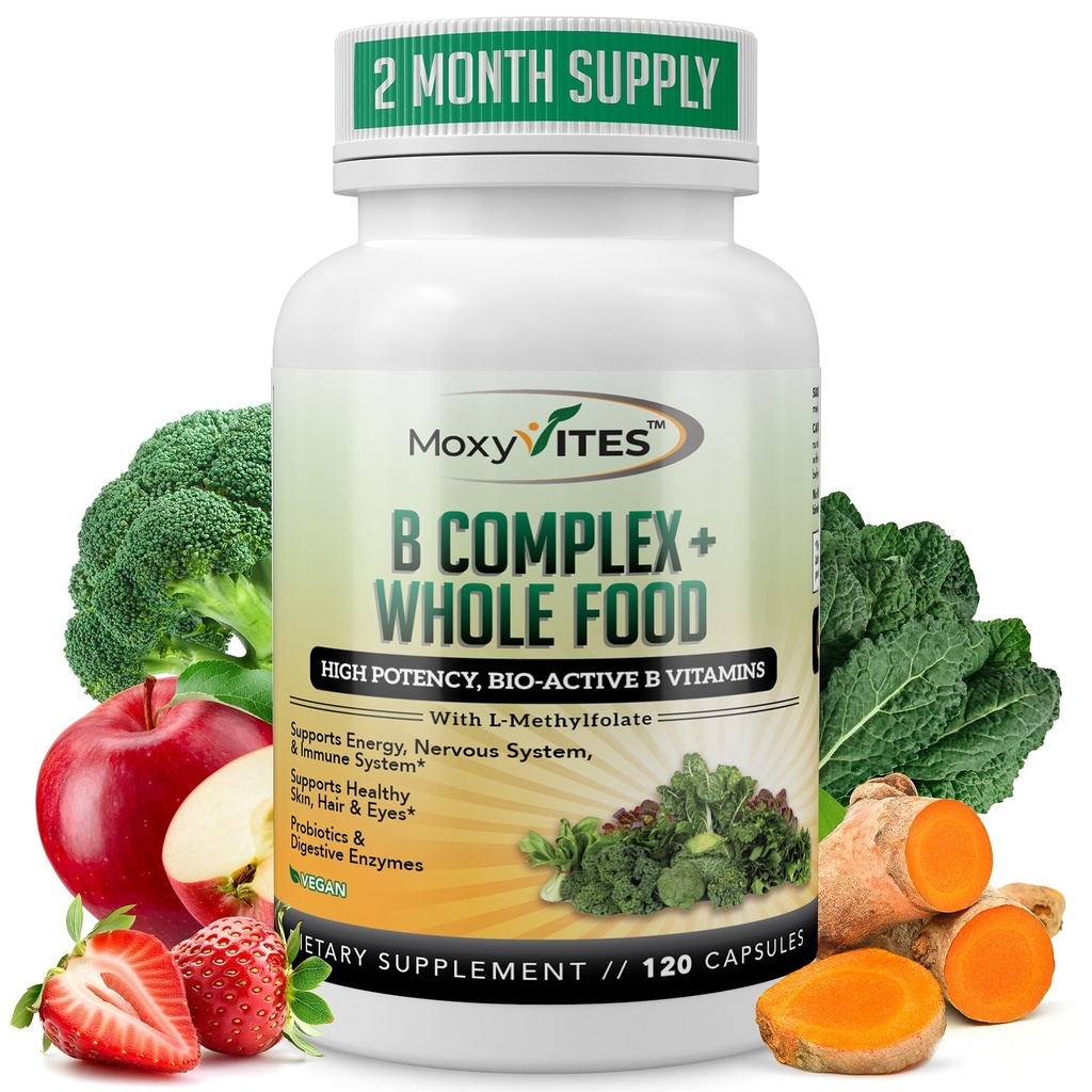 MoxyVites Vitamine B Complex - B Vitaminen Whole Food Supplement, B12 Methylcobalamine, B1, B2, B3, B5, B6, B7, B9 - voor Stress, Energie en Immune Support, Vegan, 120 Capsules