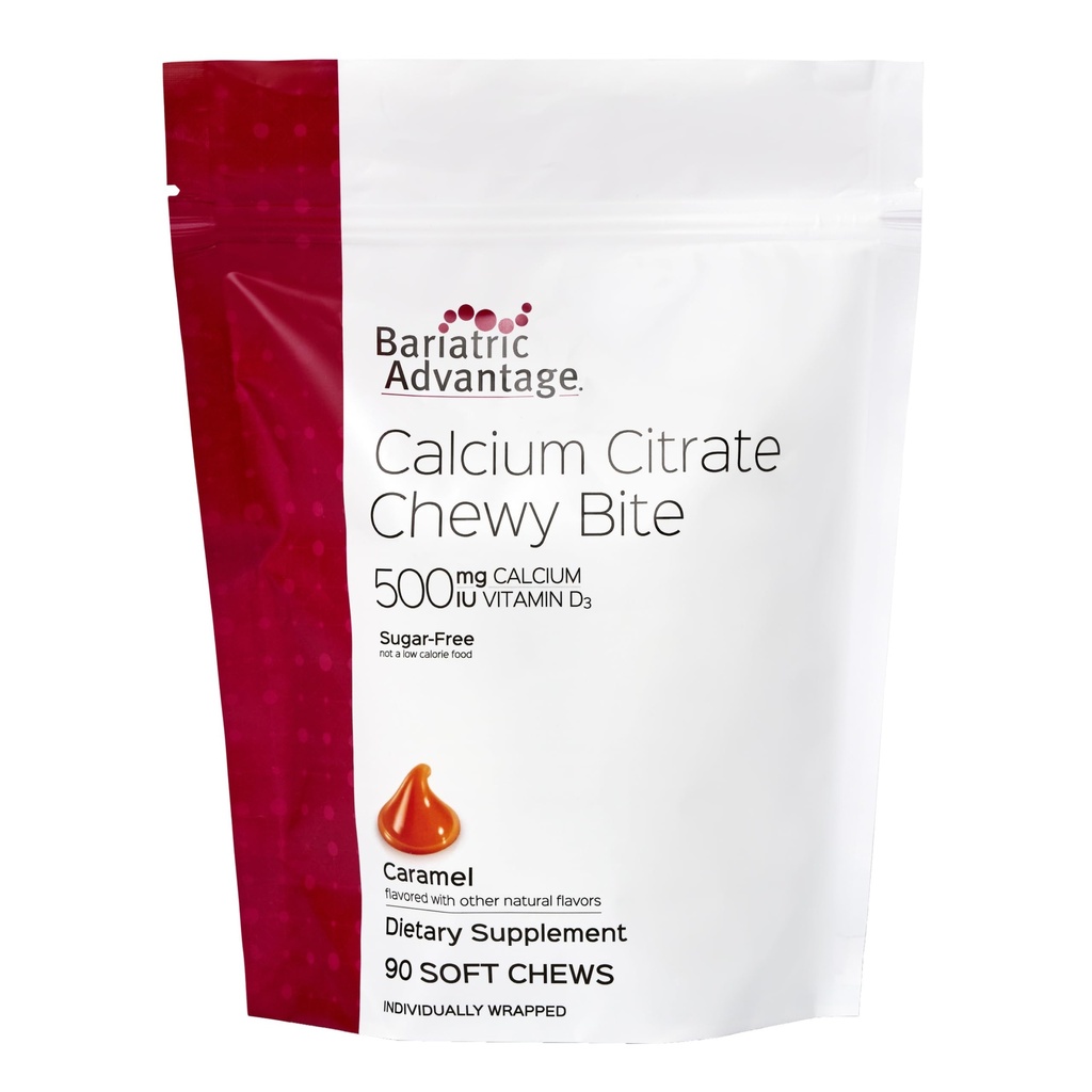 Avantage bariatrique Citrate de calcium Morceaux à croquer 500 mg - Très absorbants et digestibles - Vitamine D3 - Supplément de calcium facile à croquer - Arôme caramel - 90 Compte