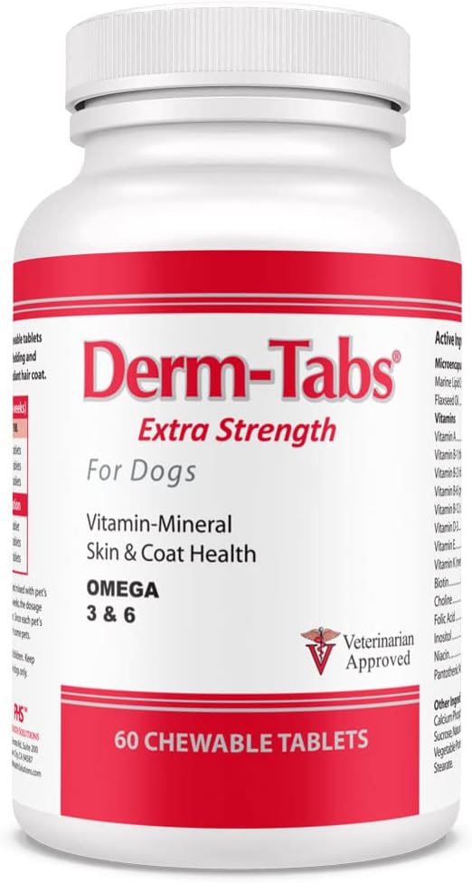 Derm Tabs Extra sterkte voor honden - Natuurlijke olie, vitamines, mineralen, en antioxidanten - Ondersteuning gezonde huid en vermindering vergieten -60 Kauwtabletten