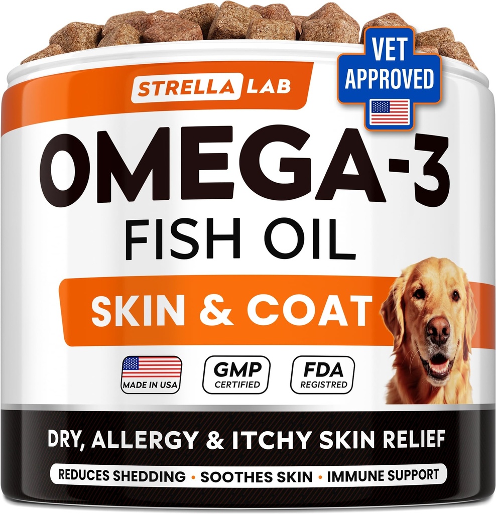 StrellaLab Omega 3 voor honden - (180Ct) Visolie Treats - Allergie & Itch Relief Skin & Coat Supplement - Droge jeukende huid, Antivergieten & Hot spots Behandeling - Pet Salmon Oil Chews - Chicken Flavor
