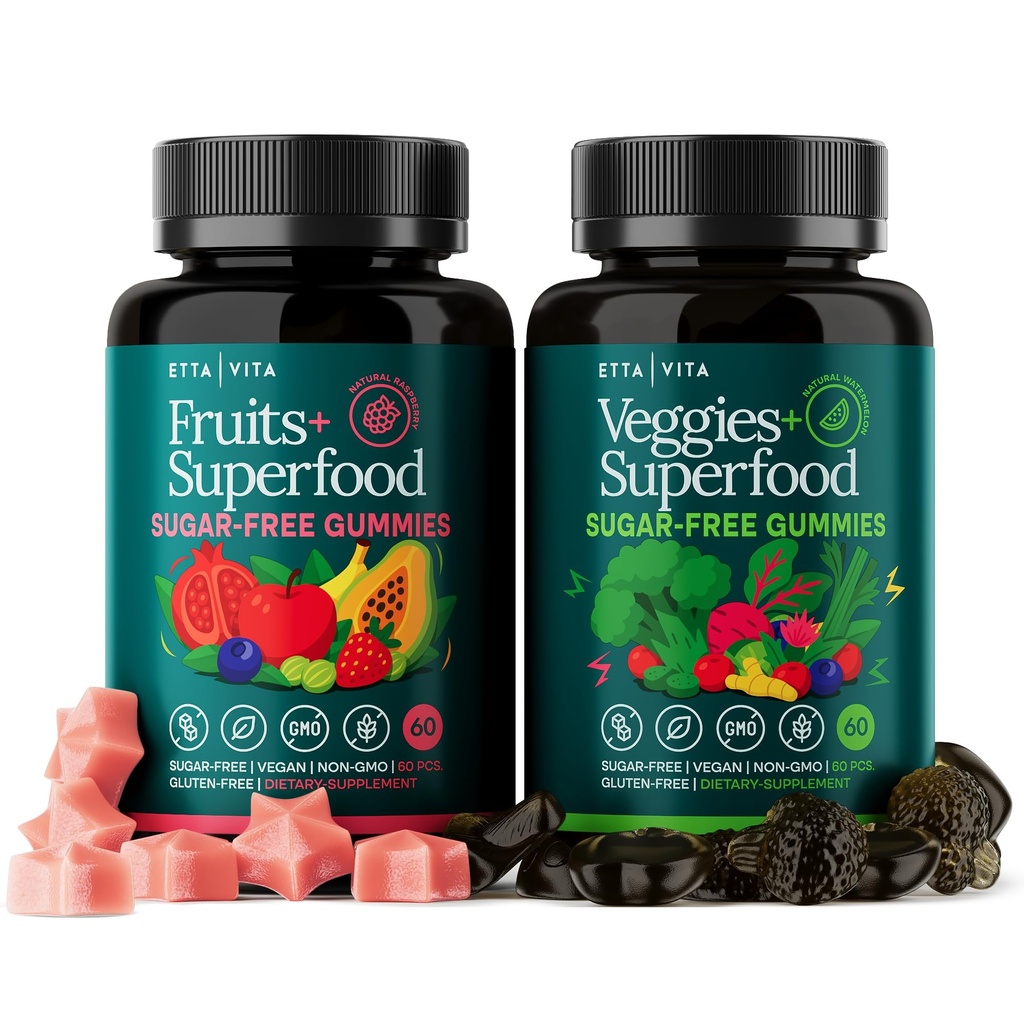 Debloat et désintoxication quotidienne Fruits et légumes sans sucre Gummies - Soutien énergétique avec supplément de fruits et légumes super-alimentaires (120 Chews) Sans cruauté, végétalien, sans gluten, vitamine de fruits et légumes