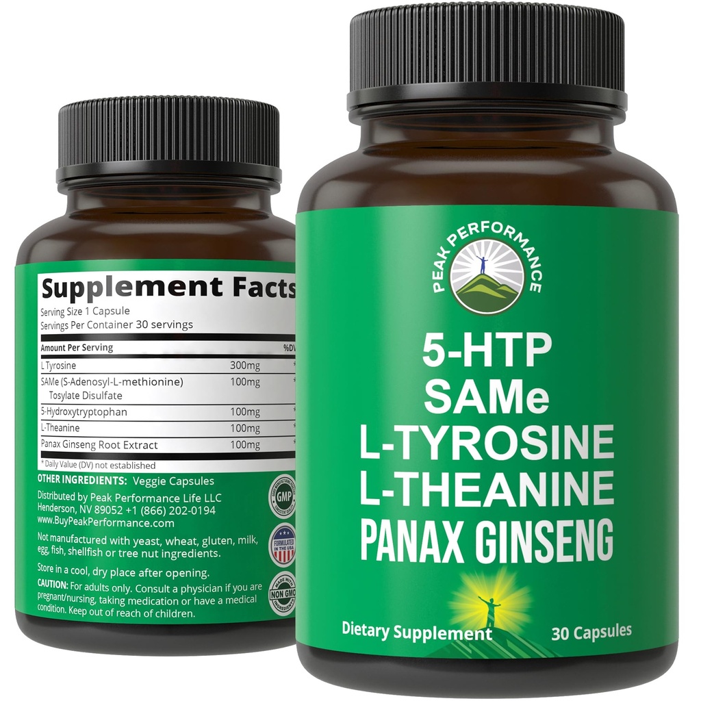 Peak Performance Mood Support Supplement met 5 Top Ingrediënten: 5HTP, SAM e, L Tyrosine, L Theanine en Panax Ginseng. Rustig, concentratie, ontspanningssupplementen. Veganistisch