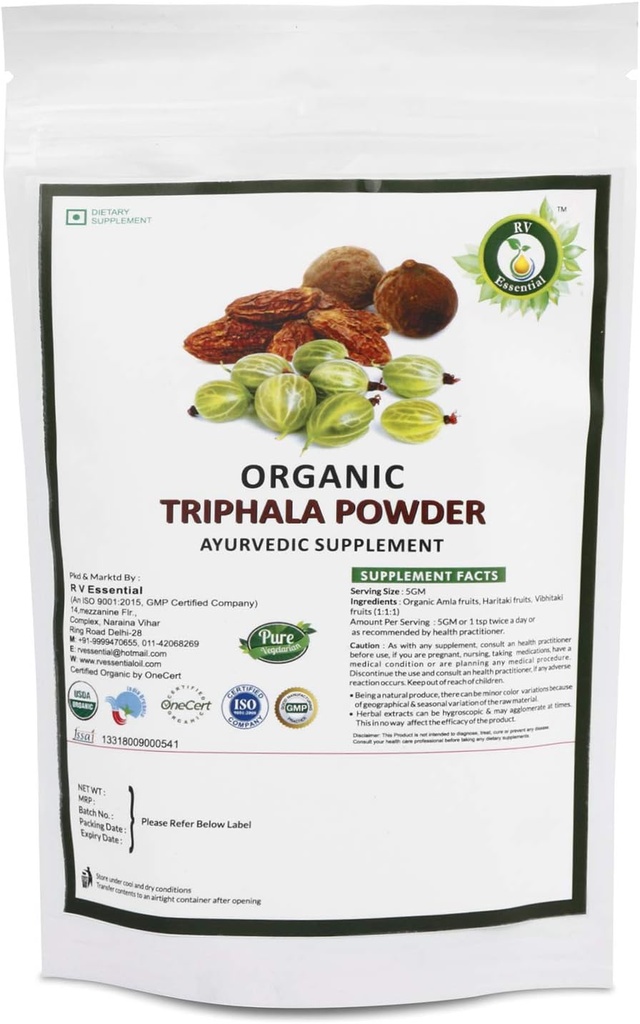 V Essentiële biologische Trifalapoeder 200gm/7.05oz/0,44lb- Gemaakt van Haritaki, Vibhitaki en Amla 1:1:1 Triphala Churna Poeder USDA Organic Certified Ayurvedic Herbal Supplement in Zip Lock Pouch