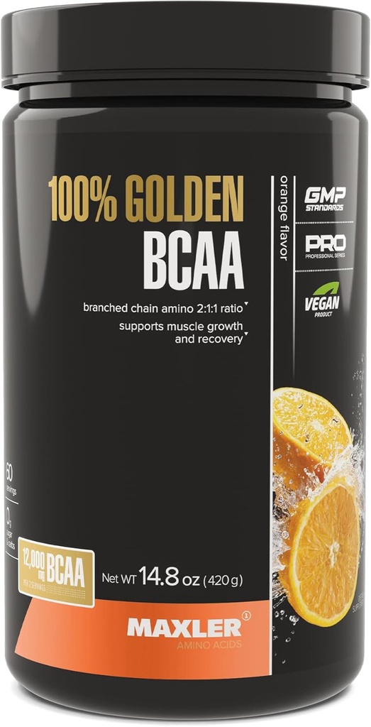 Maxler 100% Golden BCAA Powder - Intra & Post Workout Recovery Drank voor versnelde spierherstel & Lean Muscle Growth - 6 g Vegan BCAA's Aminozuren - 60 porties - Oranje