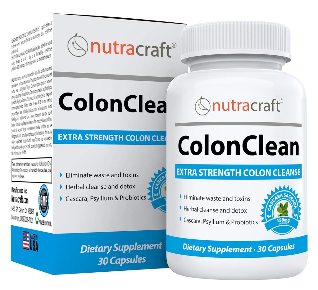 Nutracraft ColonClean #1 Colon Detox and Constipatie Relief Senna, Cascara Sagrada, Psyllium, MCT, Aloë en Probiotica 30 Capsules