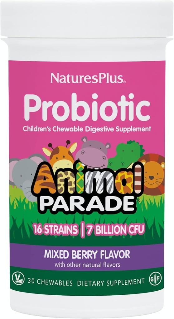 NaturesPlus Parade animale Probiotique, Berry mixte - 30 Chewables - Supplément de digestion pour enfants - Supports Gut Health & Immune Function - Vegan, Sans gluten - 30 portions