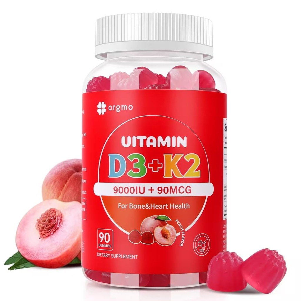 Vitamine D3 K2 Gummies - 90 Compte Vitamine sans sucre D3 9000 UI + K2(MK-7) 90 mcg pour la santé des os et des immunes, Végétalien Chewable K2 D3 Supplément Vitamine pour les femmes Hommes (Peach Flavor)