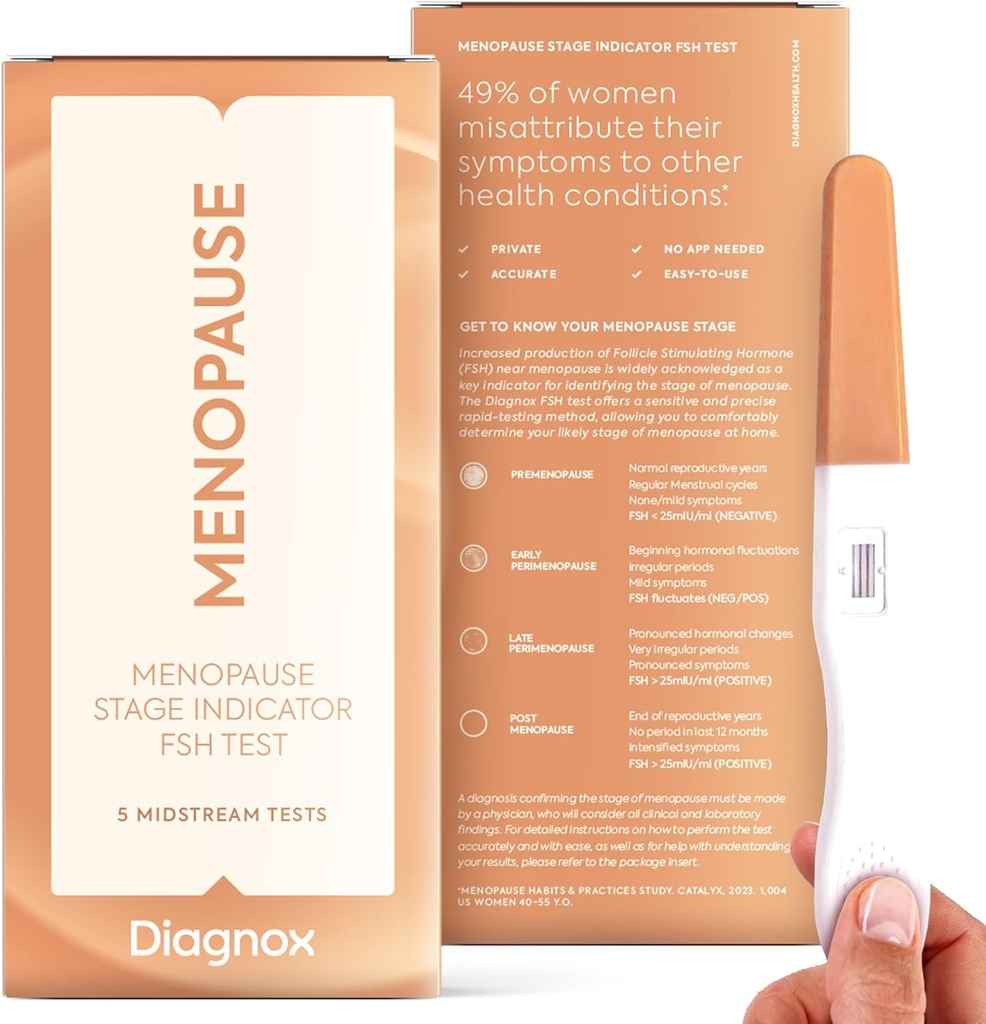 DIAGNOX FSH Menopauze Test Kit - 5 Pack Menopauze Stage Indicator - Klinische graad Midstream FSH Test thuis - Geen mobiele app nodig