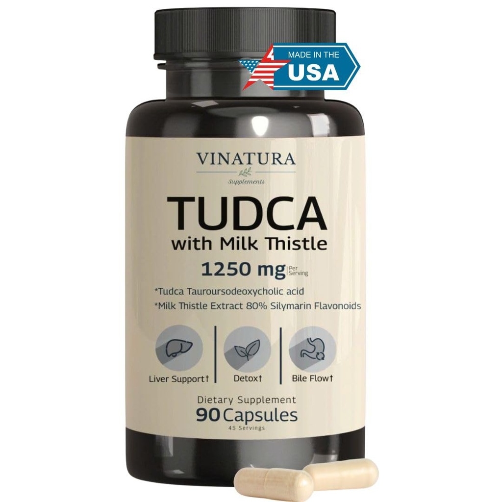 VINATURA TUDCA Milk Thistle 1250mg - Tudca Supplement, Tudca Bile Zouten, Lever Ondersteuning, Gallblad Supplementen *USA Made and Tested* Bile Salts Supplement - 90 Capsules