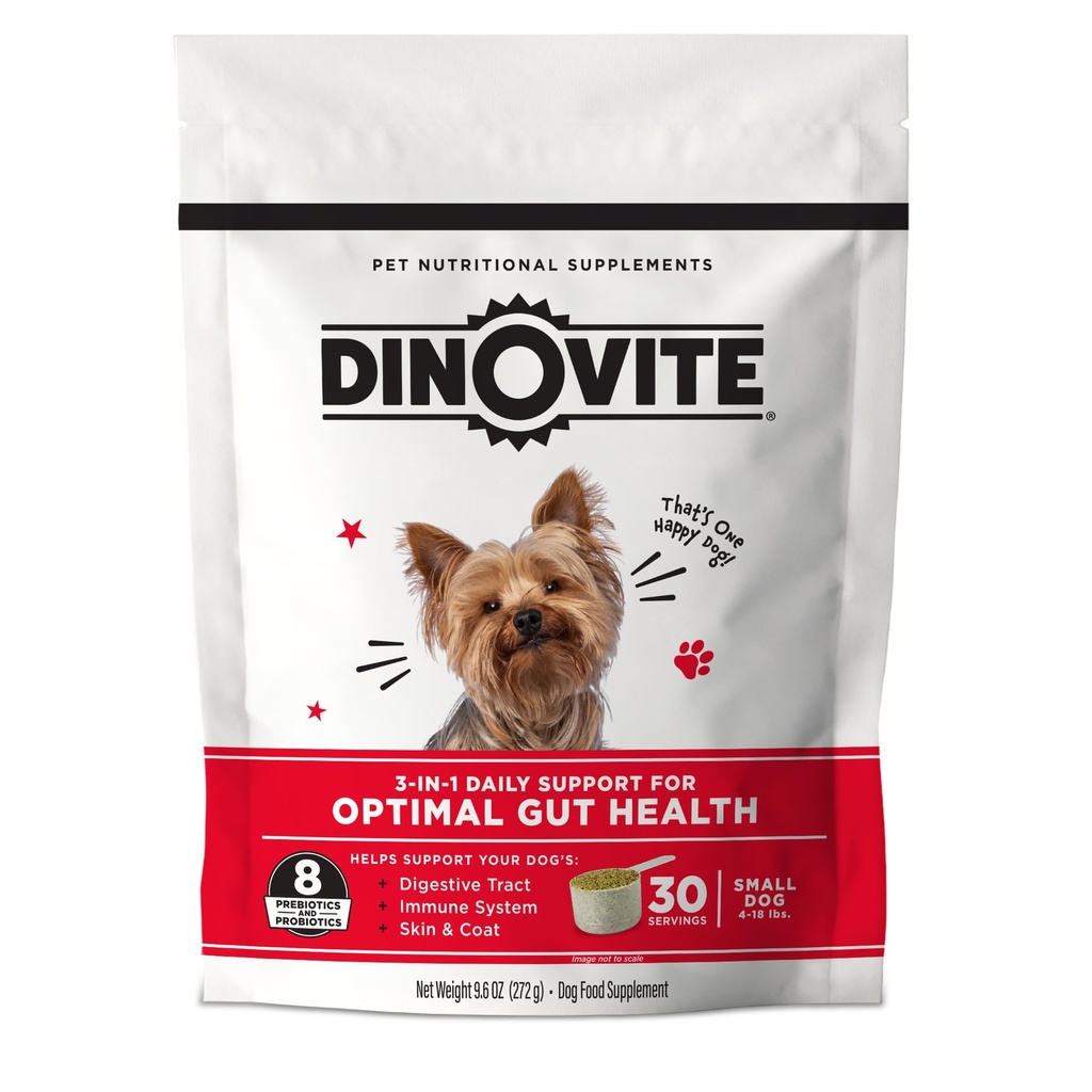 Dinovite 3 in 1 Probiotica voor kleine honden, huid en jas, digestieve gezondheid & Joint Relief, hondenvoeding toppers, Immune Support, Allergie Relief & Itch Relief Skin Care, 30 porties (1-18lb)