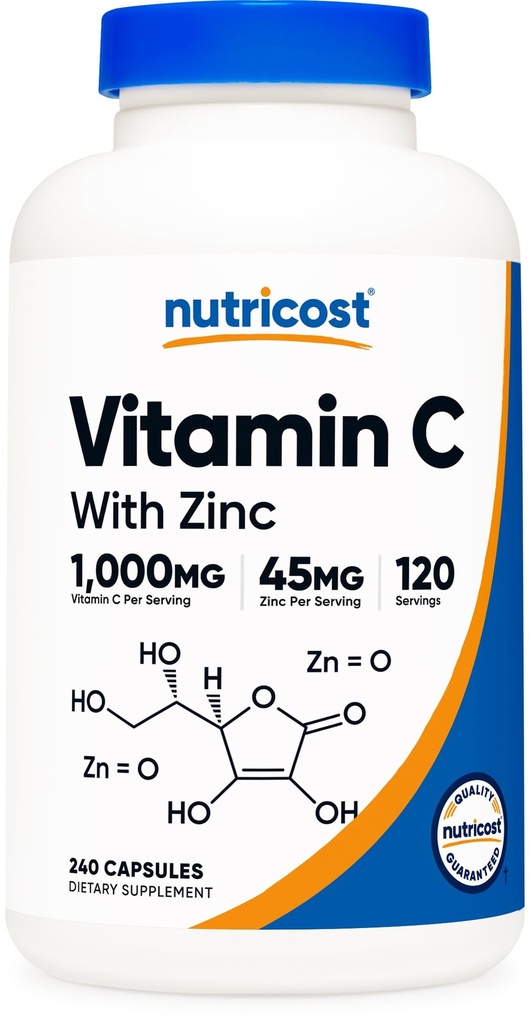 Nutricost vitamine C met zinkcapsules, 120 porties - 1000mg, 45mg zink, non-GMO, glutenvrij vitamine C supplement